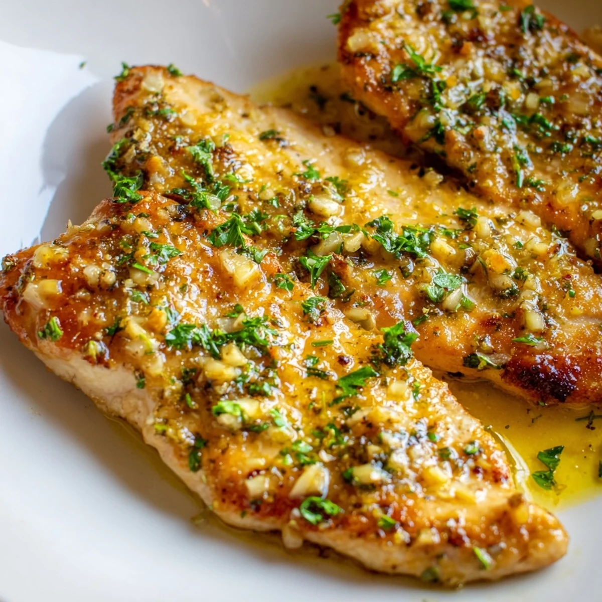 Golden-browned Lemon Dinner Chicken breasts simmering in a tangy, glossy lemon-garlic pan sauce in a skillet.