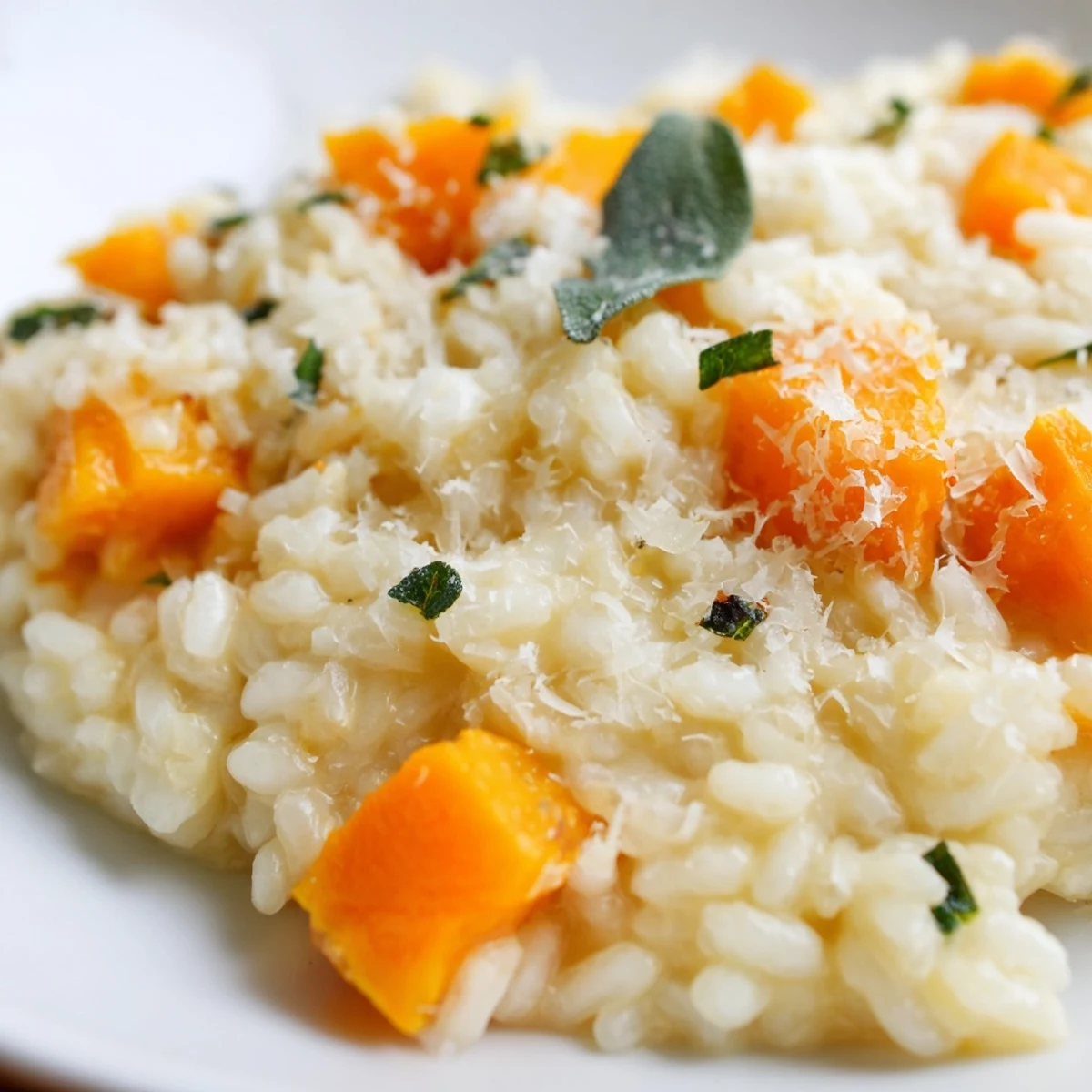 A close-up of creamy Winter Squash Risotto with Sage and Parmesan, featuring tender squash cubes and fresh sage leaves in a warm bowl.