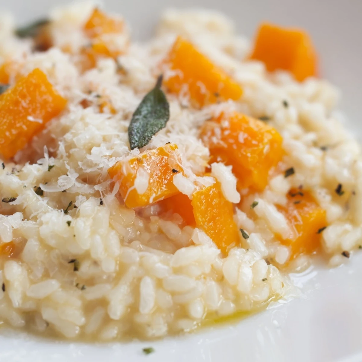 Golden, comforting Winter Squash Risotto with Sage and Parmesan in a rustic bowl, garnished with fresh sage and a drizzle of olive oil.