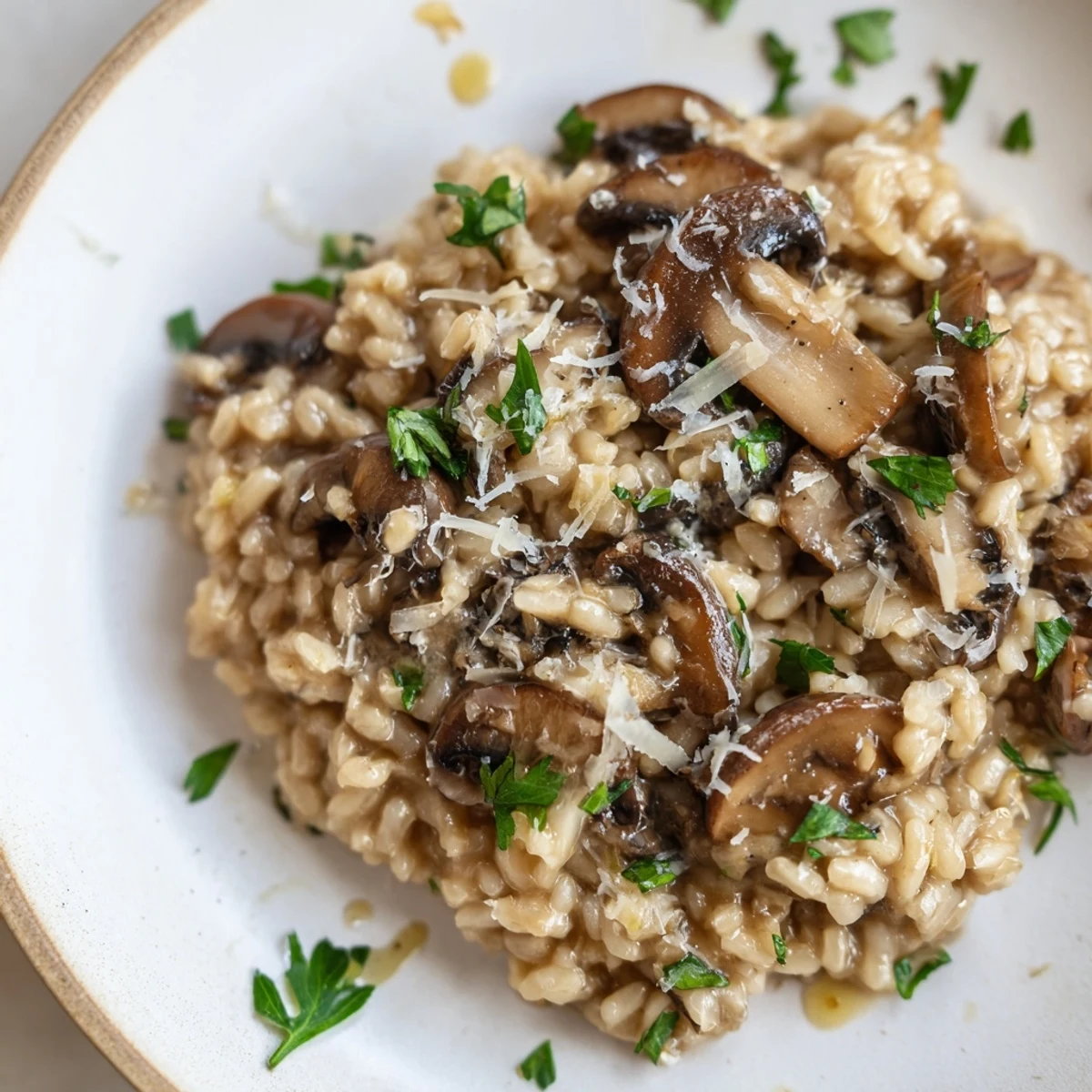 Creamy Mushroom Risotto with Truffle Oil garnished with parsley and grated Parmesan on a rustic plate.