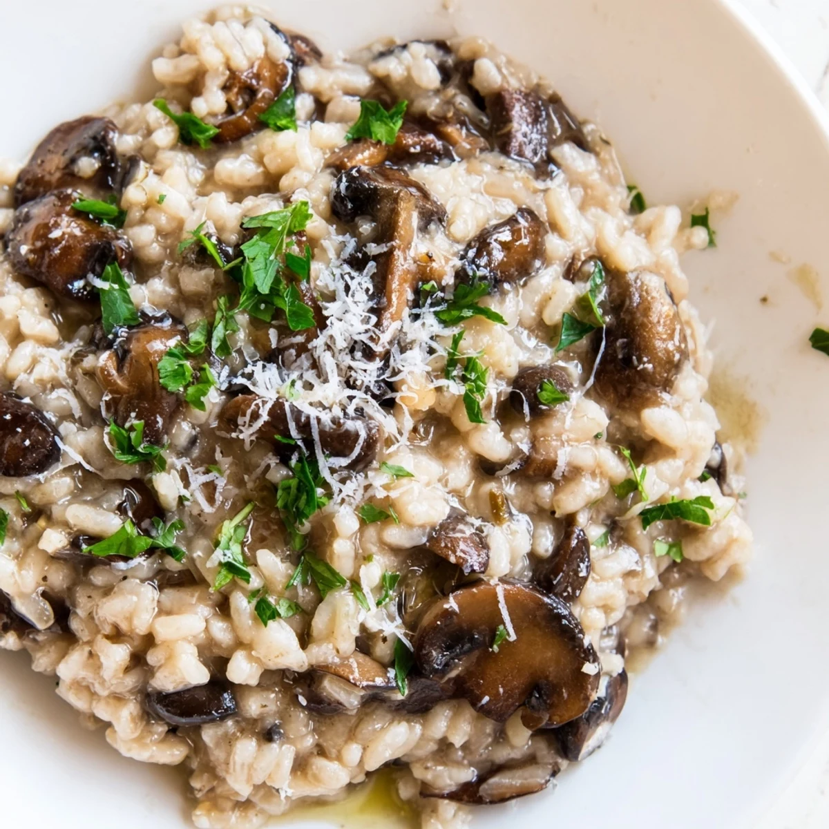 A bowl of Mushroom Risotto with Truffle Oil served beside a glass of white wine for an elegant dinner.