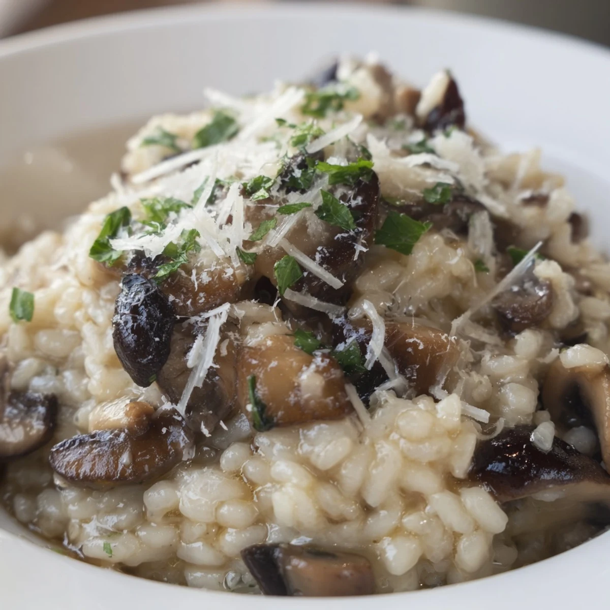 Golden mushroom-infused risotto with truffle oil drizzle in a skillet, ready to be scooped onto warm plates.