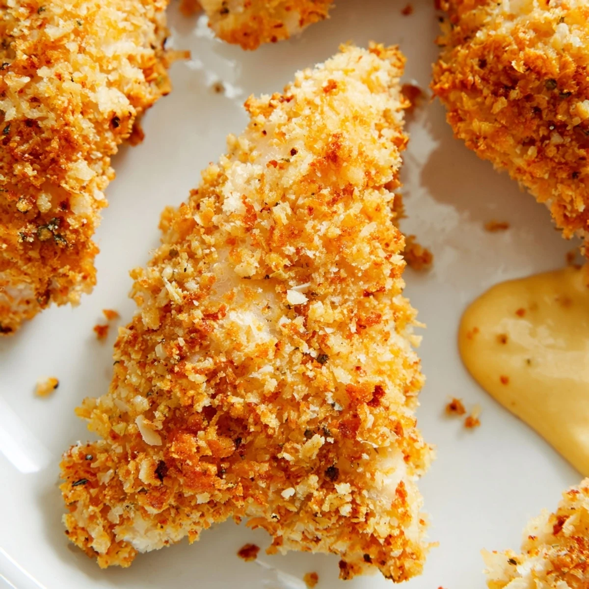 Golden brown Crispy Baked Chicken Tenders with Honey Mustard arranged on a white plate next to a small dipping bowl.