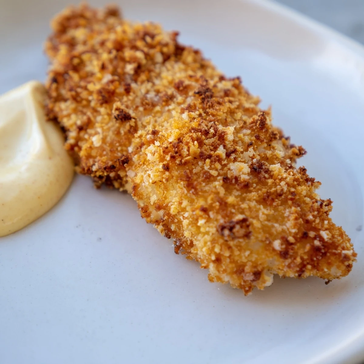 Close up view of Crispy Baked Chicken Tenders with Honey Mustard showing the crunchy panko crust and creamy sauce.