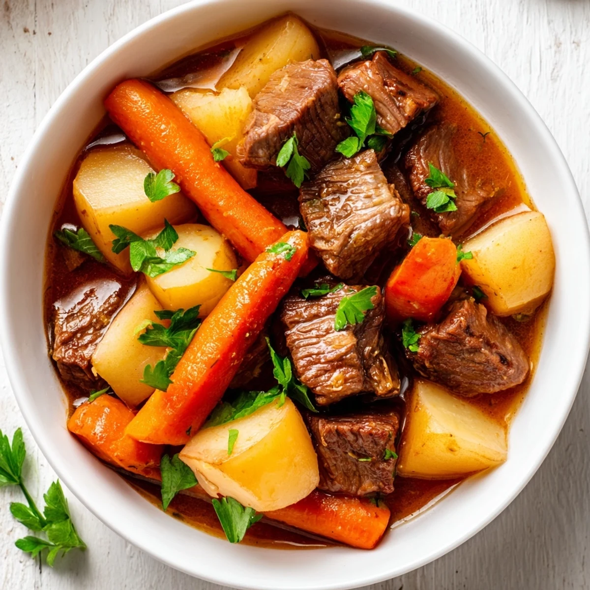 Amber broth and tender potatoes fill a rustic pot, showcasing the deliciously thick and savory texture of this comforting Slow Cooker Beef Stew.
