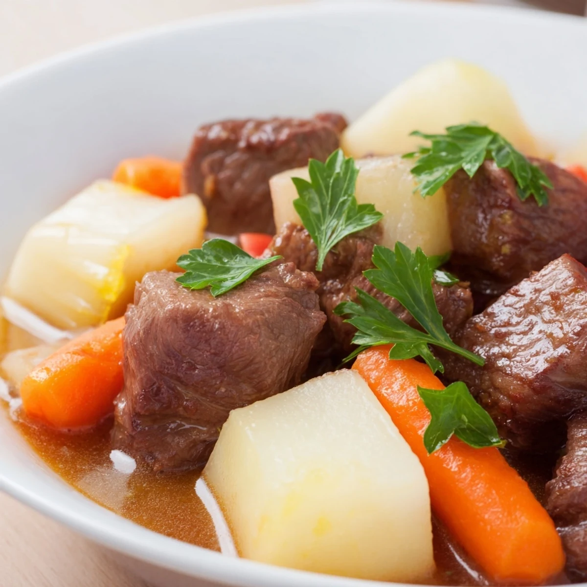 Steam rises from a deep bowl of Slow Cooker Beef Stew with parsnips and carrots, served alongside a slice of crusty artisan bread for dipping. 
