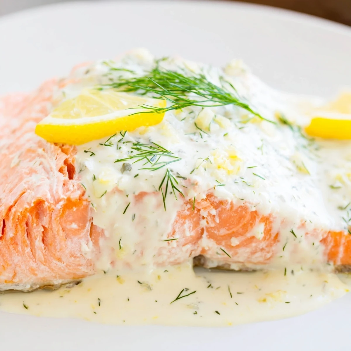 Golden-baked salmon fillets glazed with olive oil, flaking gently, served with creamy dill and lemon sauce.