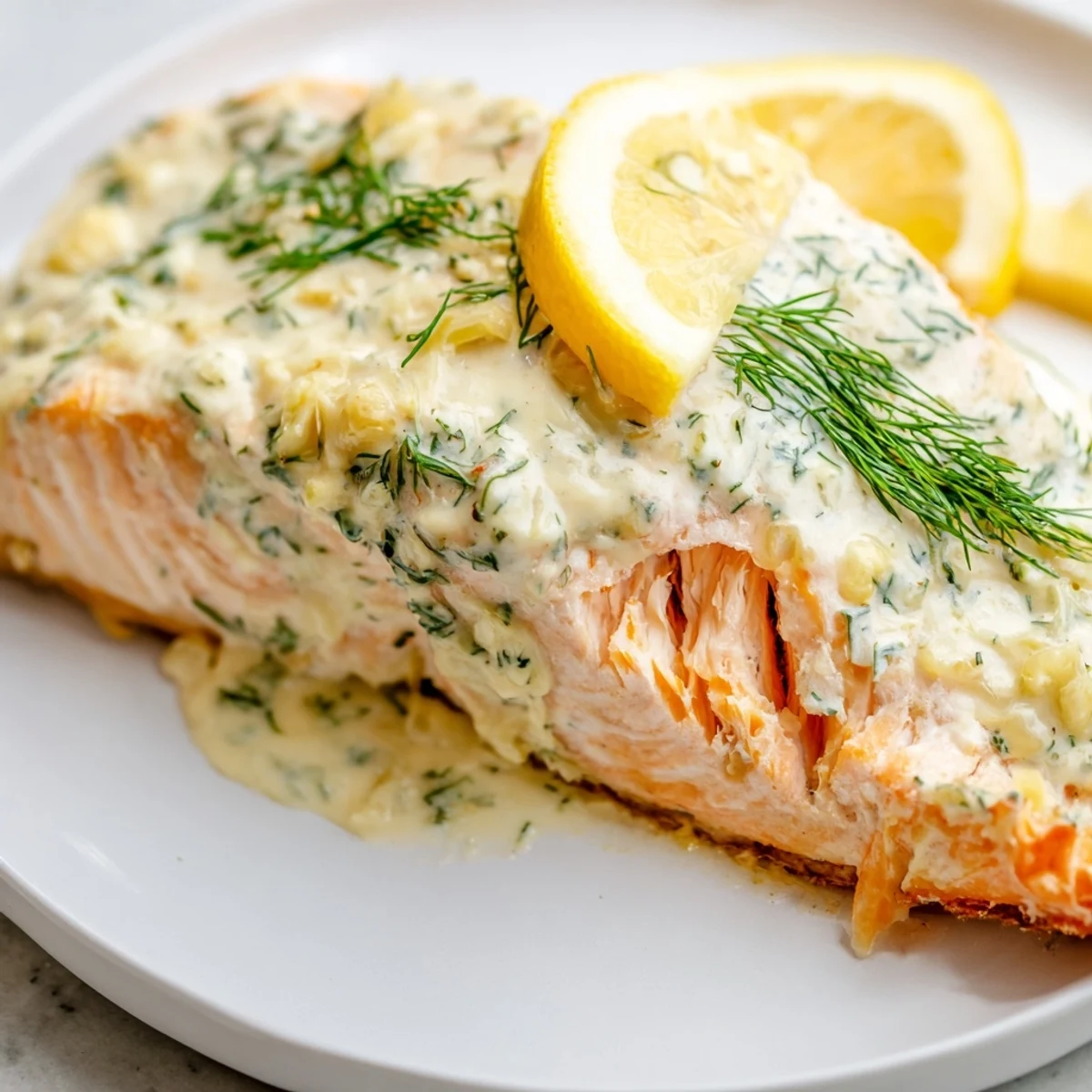 Flaky Baked Salmon with Dill and Lemon Sauce garnished with herbs, perfect for weeknights or special occasions.