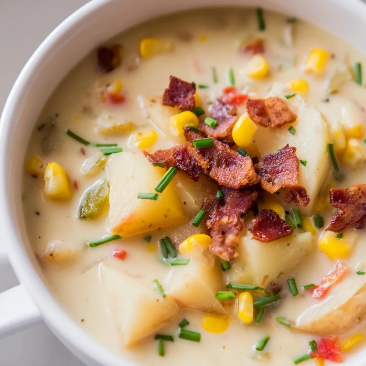 Creamy Corn Chowder with Turkey Bacon is ladled into a rustic white bowl, topped with crisp bacon bits and fresh green chives for a cozy, comforting meal.