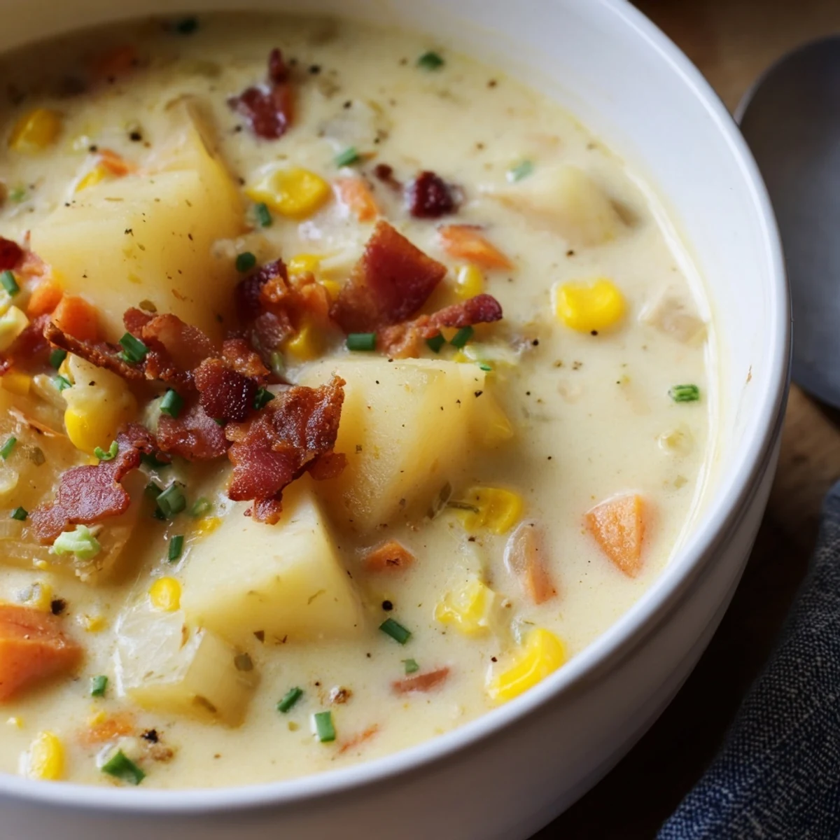 Garnished with fresh chives and crispy turkey bacon, this hearty Creamy Corn Chowder steams in a rustic bowl, perfect for chilly autumn evenings.