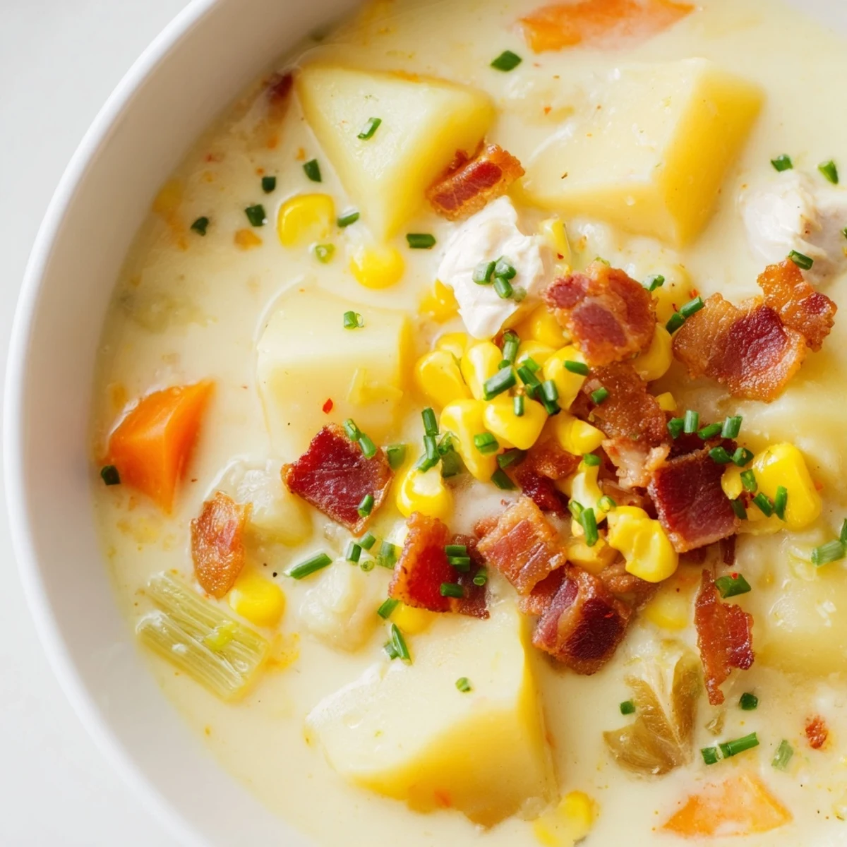 Spoon dipping into a rich Creamy Corn Chowder with Turkey Bacon, revealing tender potatoes and sweet corn in a creamy, golden broth.