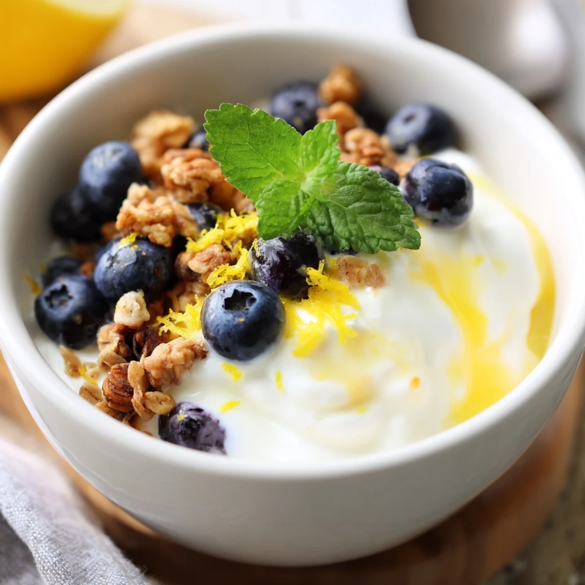 Clear glass of layered lemon yogurt, blueberries, and granola, topped with mint.
