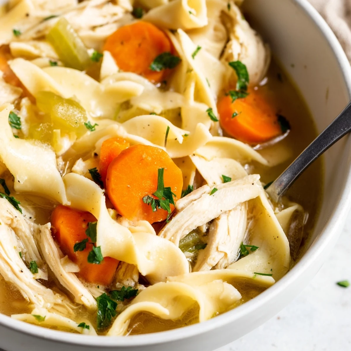 Steaming bowl of Chicken Noodle Soup with Homemade Noodles, filled with tender shredded chicken, carrots, celery, and fresh parsley.