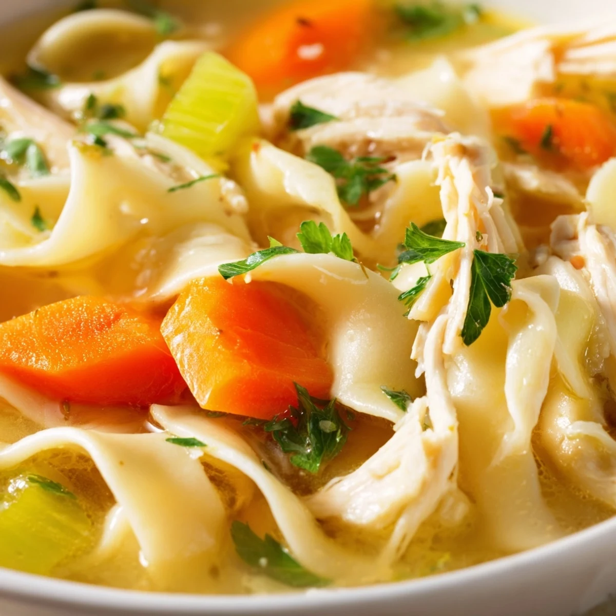Homemade Chicken Noodle Soup served in a rustic mug, ready to enjoy with a spoon and crusty bread on the side.