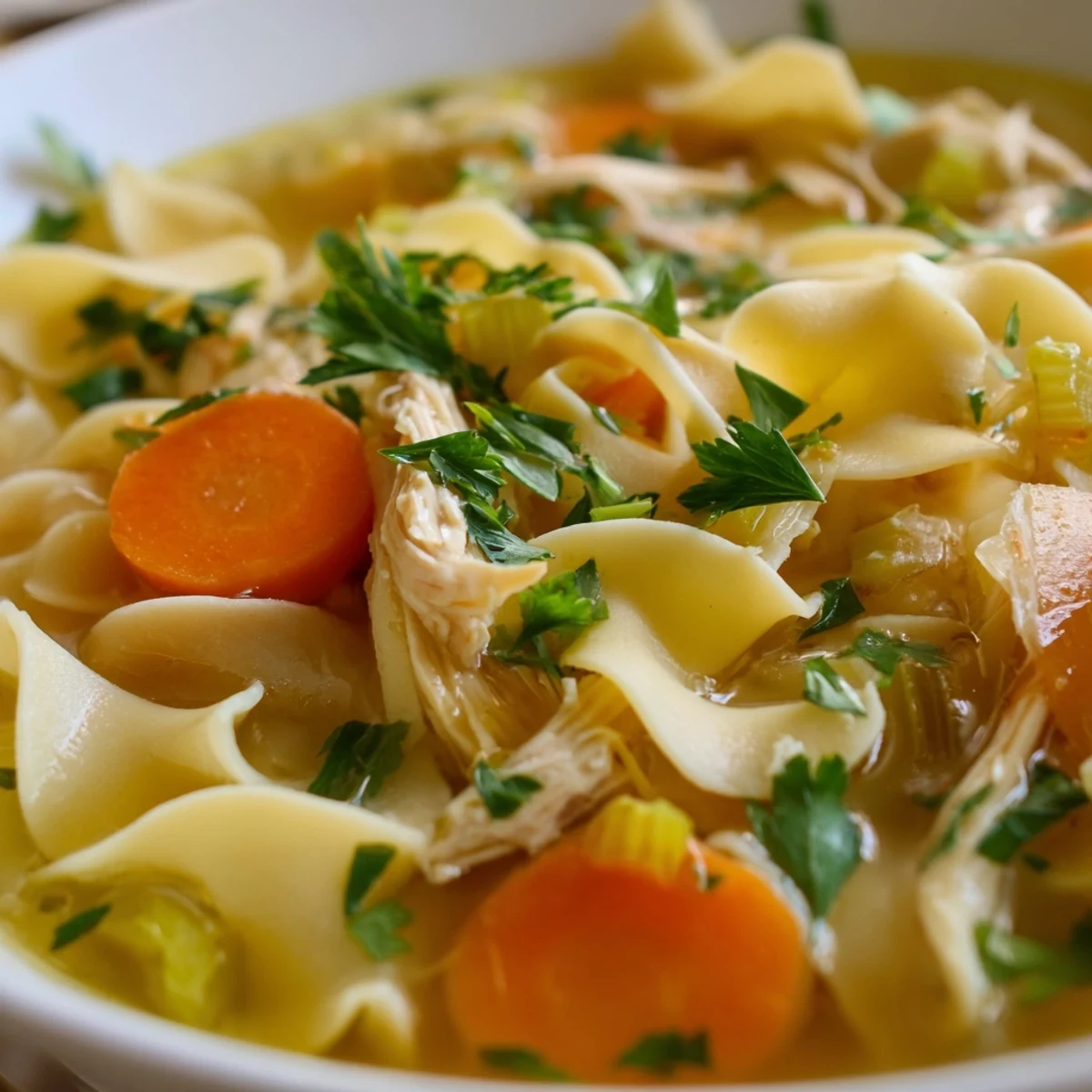 Close-up of golden, silky Homemade Noodles in a rich Chicken Noodle Soup broth, showcasing the fresh, rustic texture.
