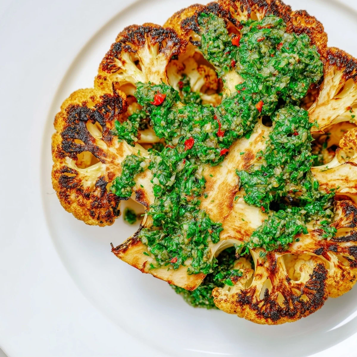 Two thick, charred cauliflower steaks drizzled with vibrant chimichurri on a white plate.