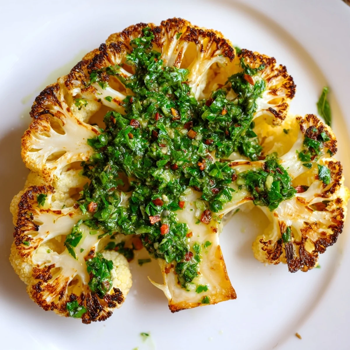 Golden roasted cauliflower steaks topped with a bright, herby chimichurri sauce on a platter.
