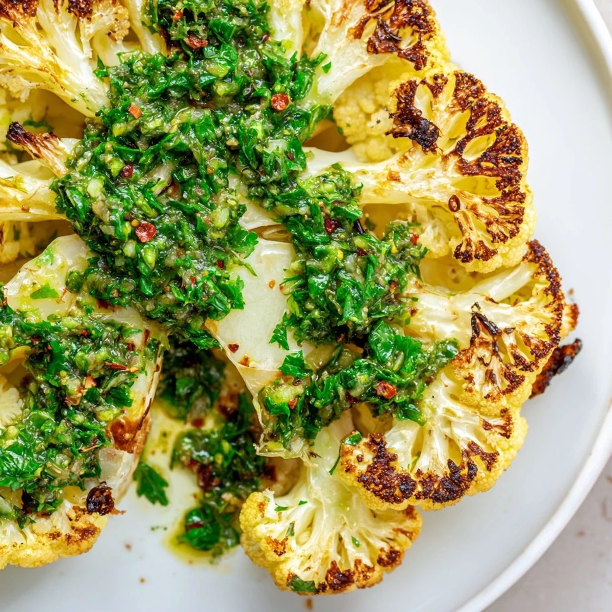Freshly roasted cauliflower steaks served warm with a generous spoonful of zesty chimichurri.