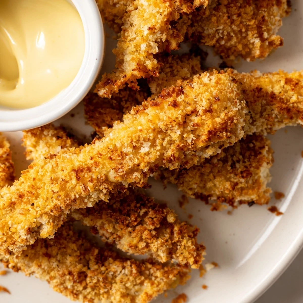 Golden-brown Crispy Baked Chicken Tenders with Honey Mustard Dip arranged on a wire rack next to a small bowl of sauce.