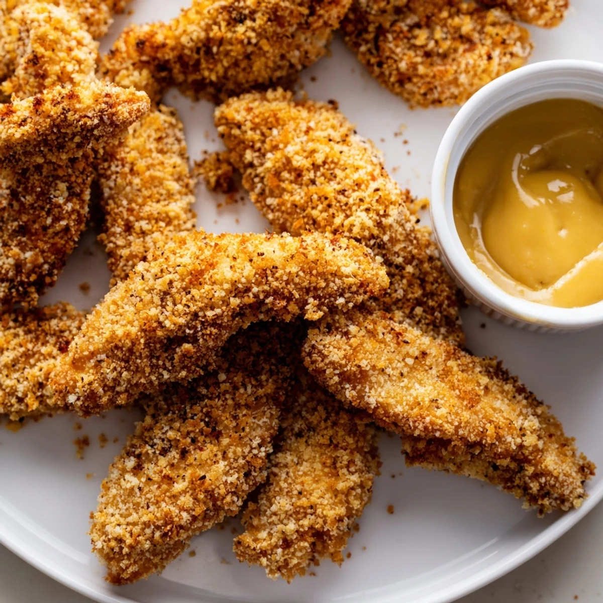 Close-up of Crispy Baked Chicken Tenders with Honey Mustard Dip showing a crunchy panko crust and juicy chicken interior.