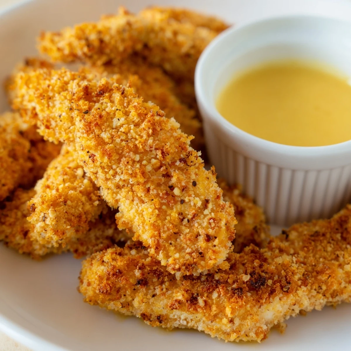 A serving of Crispy Baked Chicken Tenders with Honey Mustard Dip on a white plate with lemon wedges and fresh parsley.