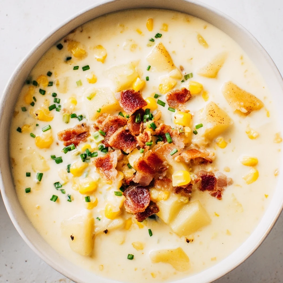A steaming bowl of Creamy Corn Chowder with Crispy Turkey Bacon served alongside crusty artisan bread.
