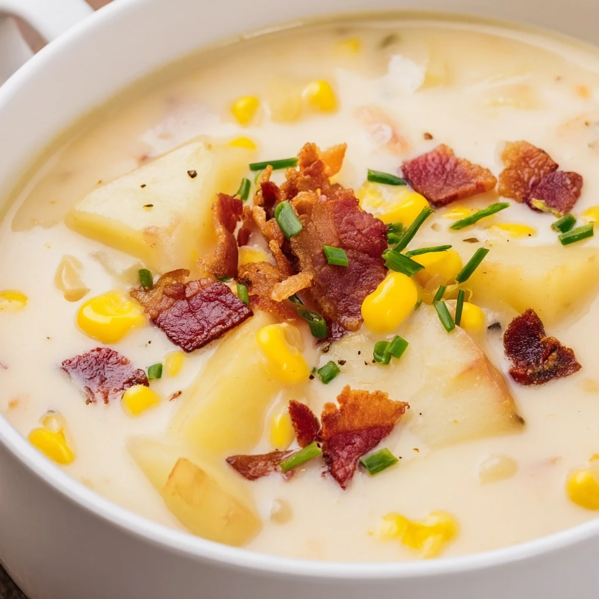Close-up of Creamy Corn Chowder with Crispy Turkey Bacon showing tender potatoes and golden sweet corn.