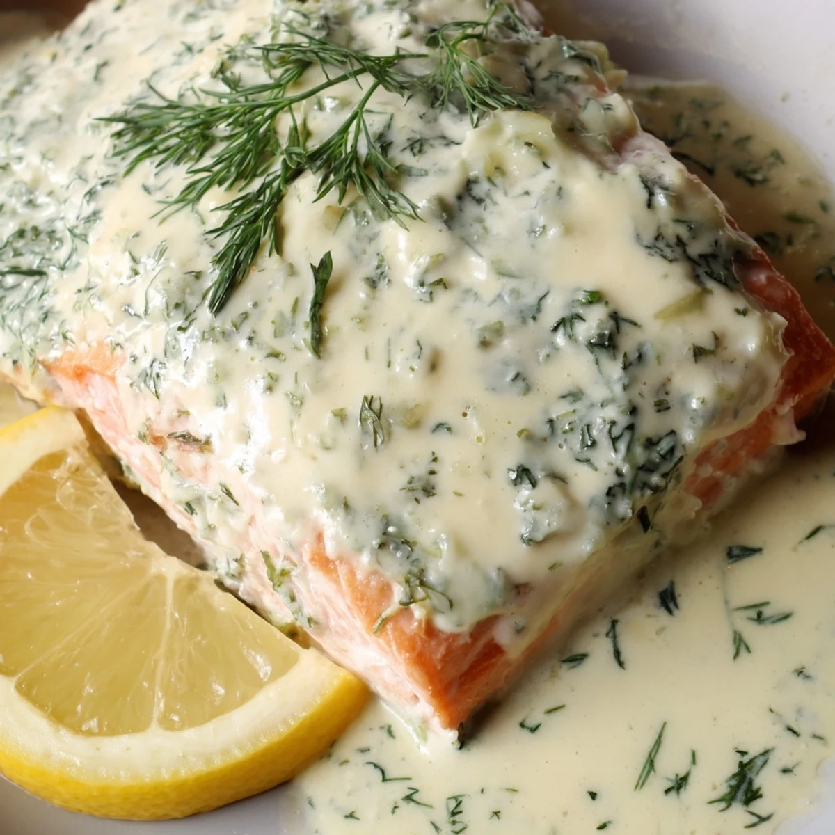 Golden-brown Baked Salmon with Creamy Dill and Lemon Sauce flaked easily, sitting in a pool of tangy pale green sauce next to asparagus spears.