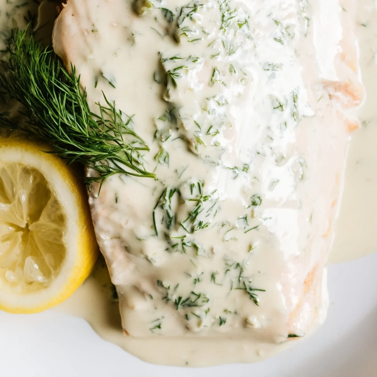 Close-up of Baked Salmon with Creamy Dill and Lemon Sauce, highlighting the velvety texture of the sauce and the moist pink fish underneath.