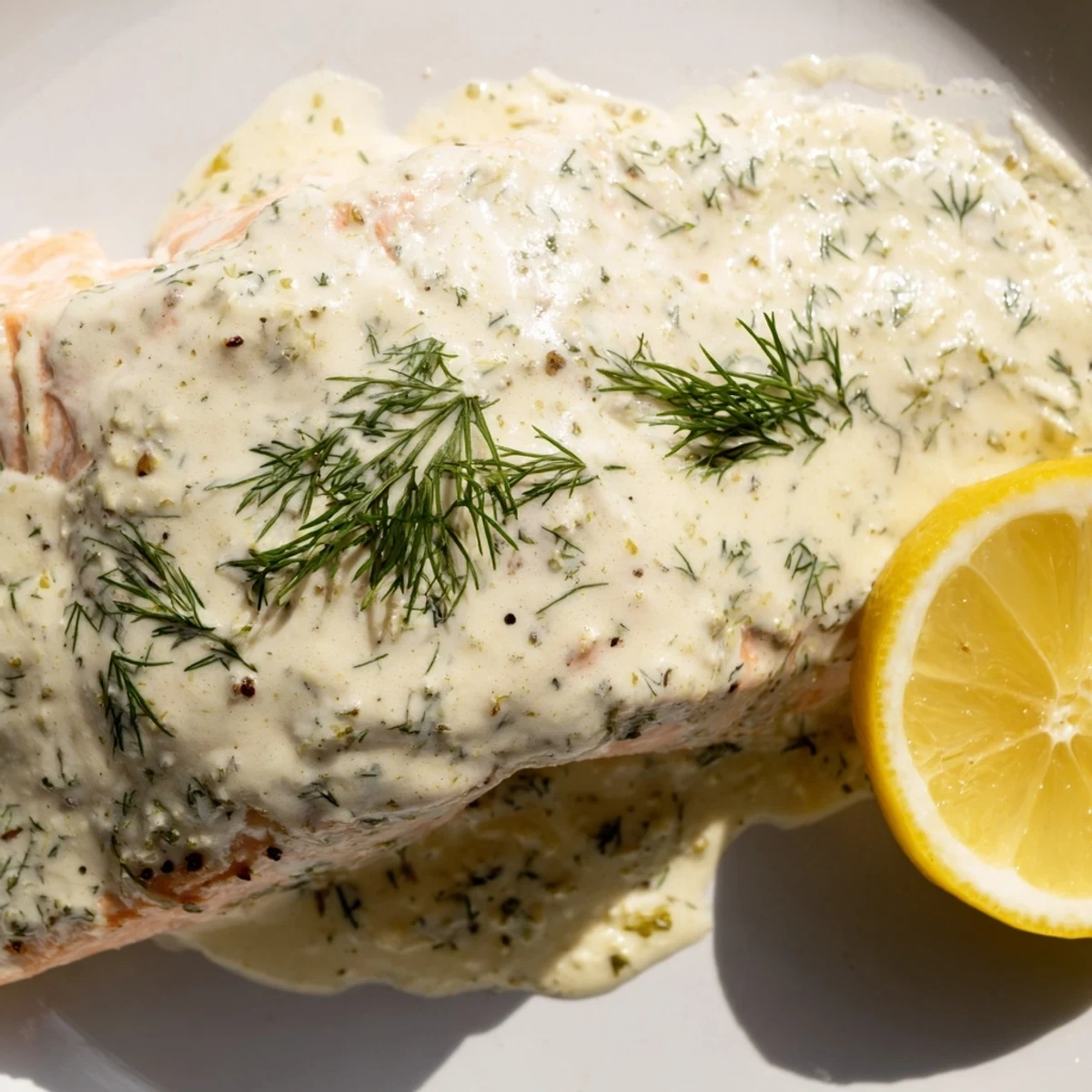 Perfectly cooked Baked Salmon with Creamy Dill and Lemon Sauce topped with fresh herbs, served on a rustic plate with roasted potatoes.