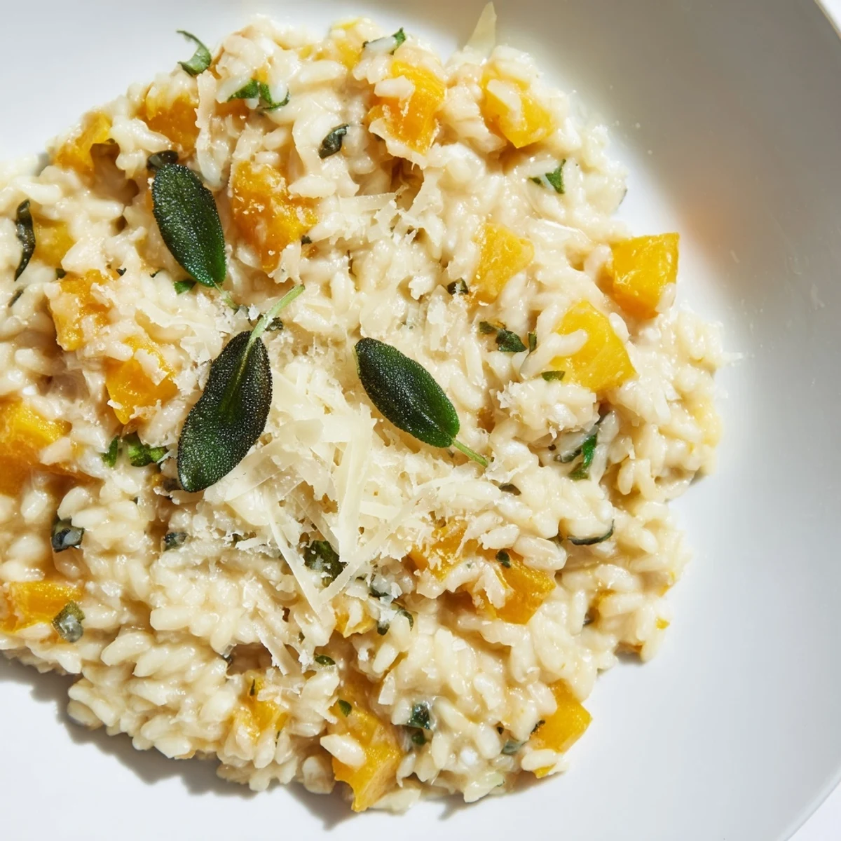 Golden roasted winter squash cubes folded into creamy Winter Squash Risotto with Sage and Parmesan Cheese, garnished with fresh sage and extra Parmesan, served steaming in a rustic bowl.