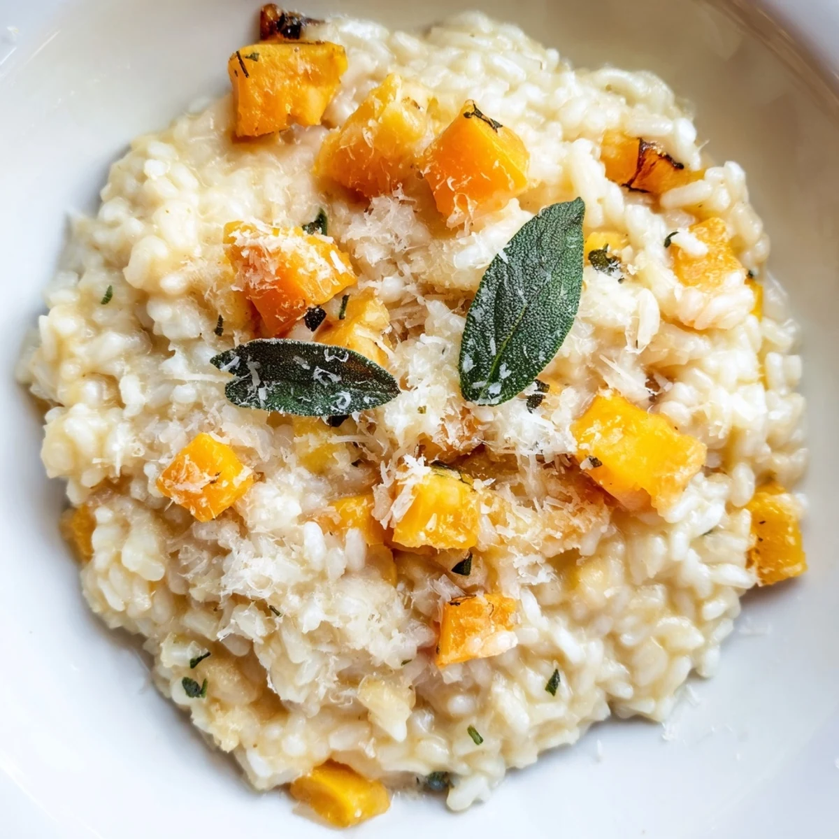Winter Squash Risotto with Sage and Parmesan Cheese plated with a glass of Pinot Grigio, shaved Parmesan, and a sprinkle of black pepper, perfect for chilly evenings.