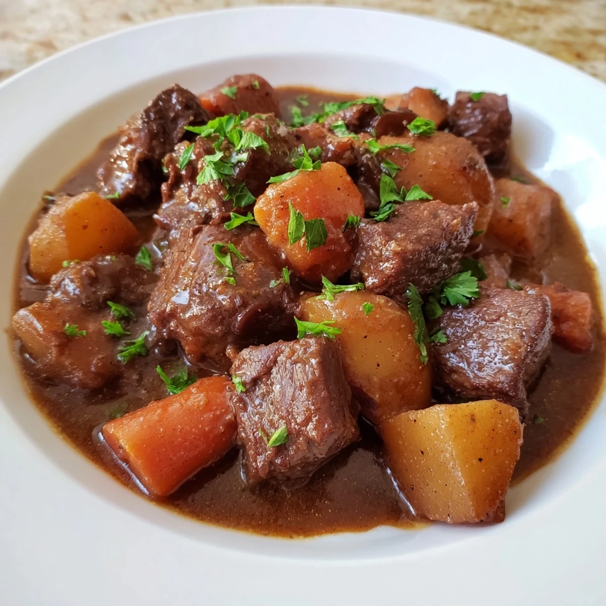 Slow Cooker Beef Stew with Potatoes and Carrots steaming in a rustic bowl, garnished with fresh parsley and served alongside crusty bread for a comforting meal.