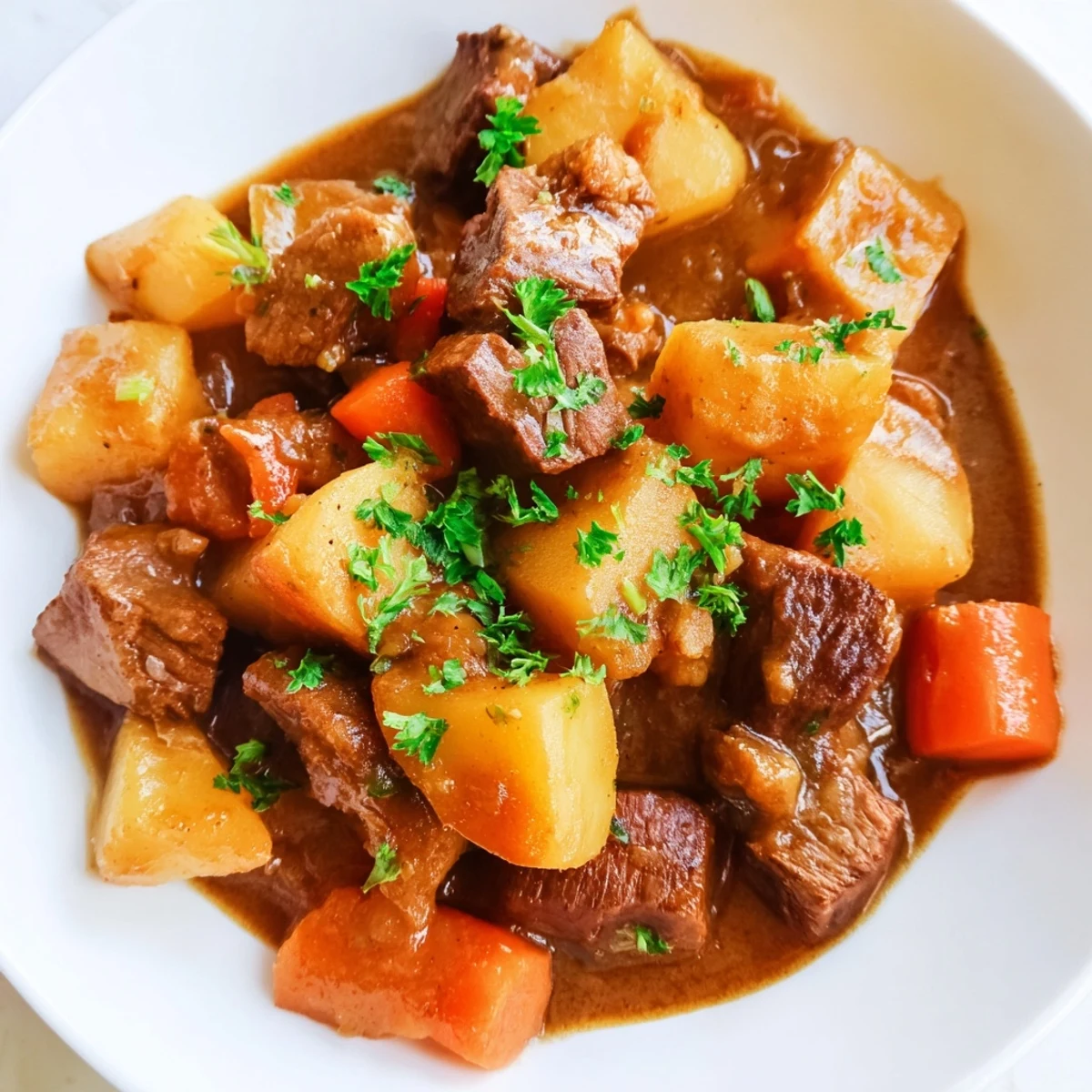 Tender chunks of Slow Cooker Beef Stew with Potatoes and Carrots simmered in a rich, savory broth, featuring vibrant orange carrots and hearty potatoes in a rustic bowl.
