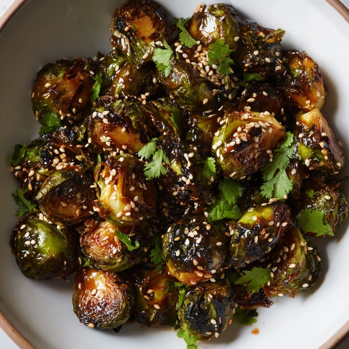 Crispy caramelized Brussels sprouts glazed with sweet and spicy sauce garnished with sesame seeds.