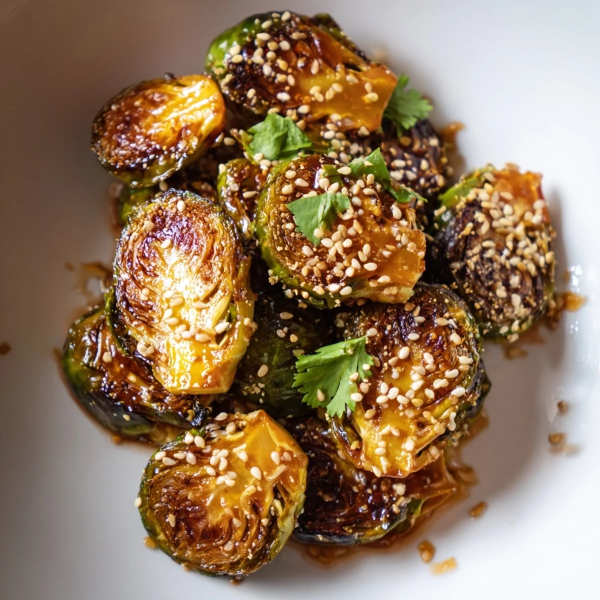 Golden roasted Brussels sprouts tossed in honey sriracha glaze on a serving platter.