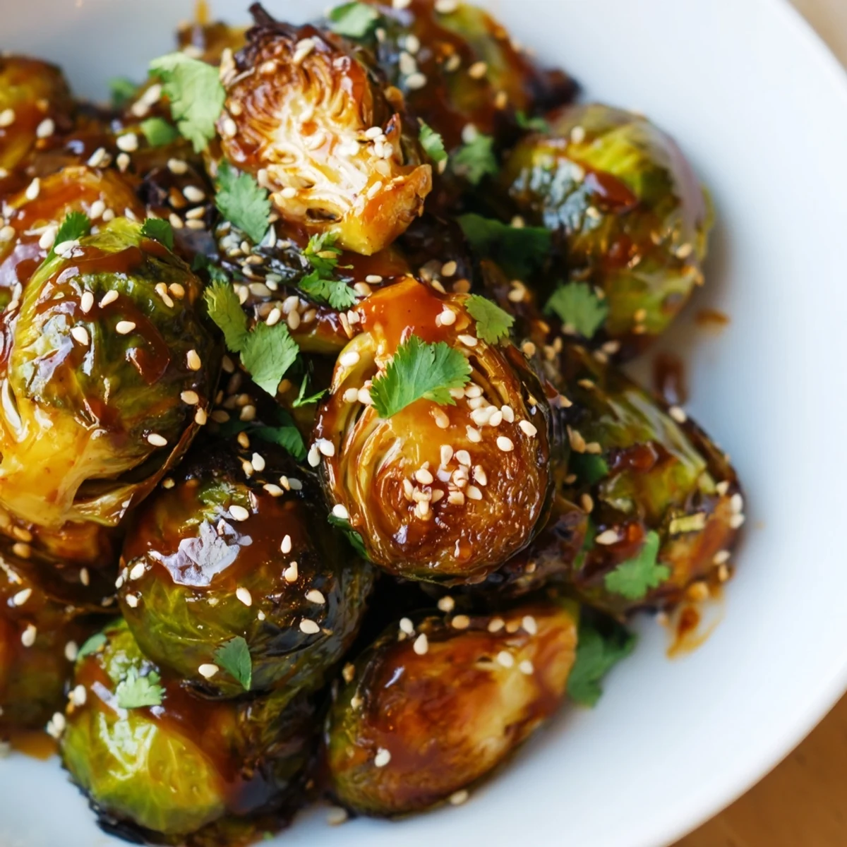 Healthy vegetarian roasted Brussels sprouts with honey sriracha glaze served as a side dish.