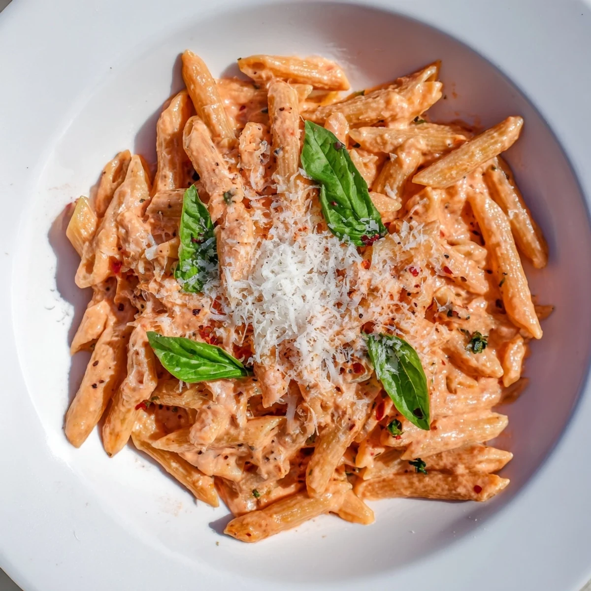 Creamy Tomato Basil Pasta with Grilled Parmesan is plated in a skillet, steam rising from the rich red sauce and fresh green basil ribbons.