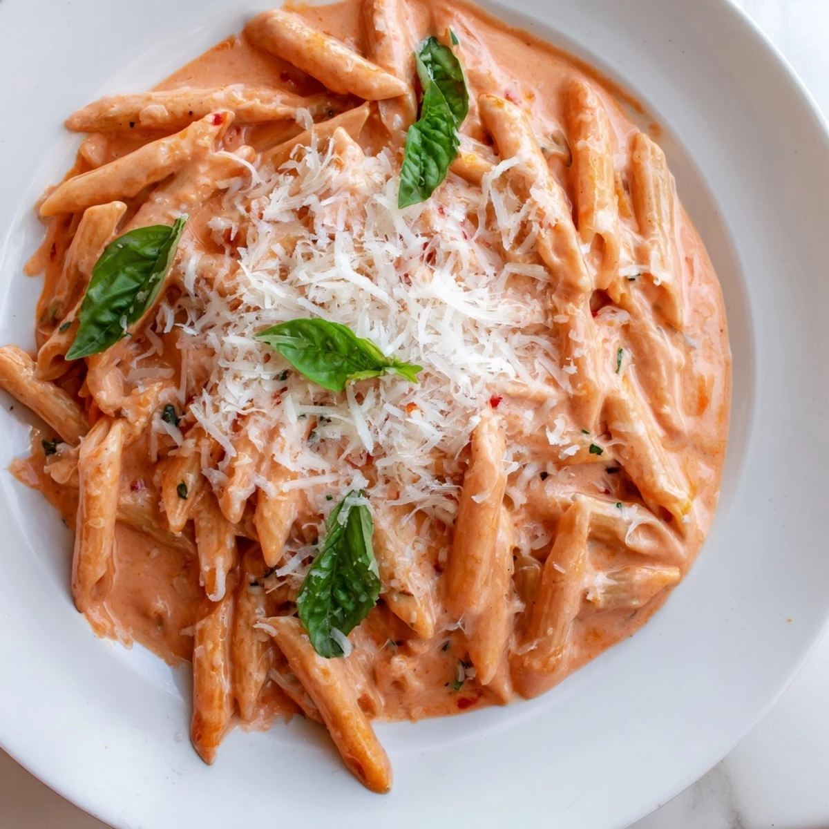 Close-up of Creamy Tomato Basil Pasta with Grated Parmesan, highlighting velvety sauce, torn basil leaves, and generous shavings of cheese over al dente pasta.