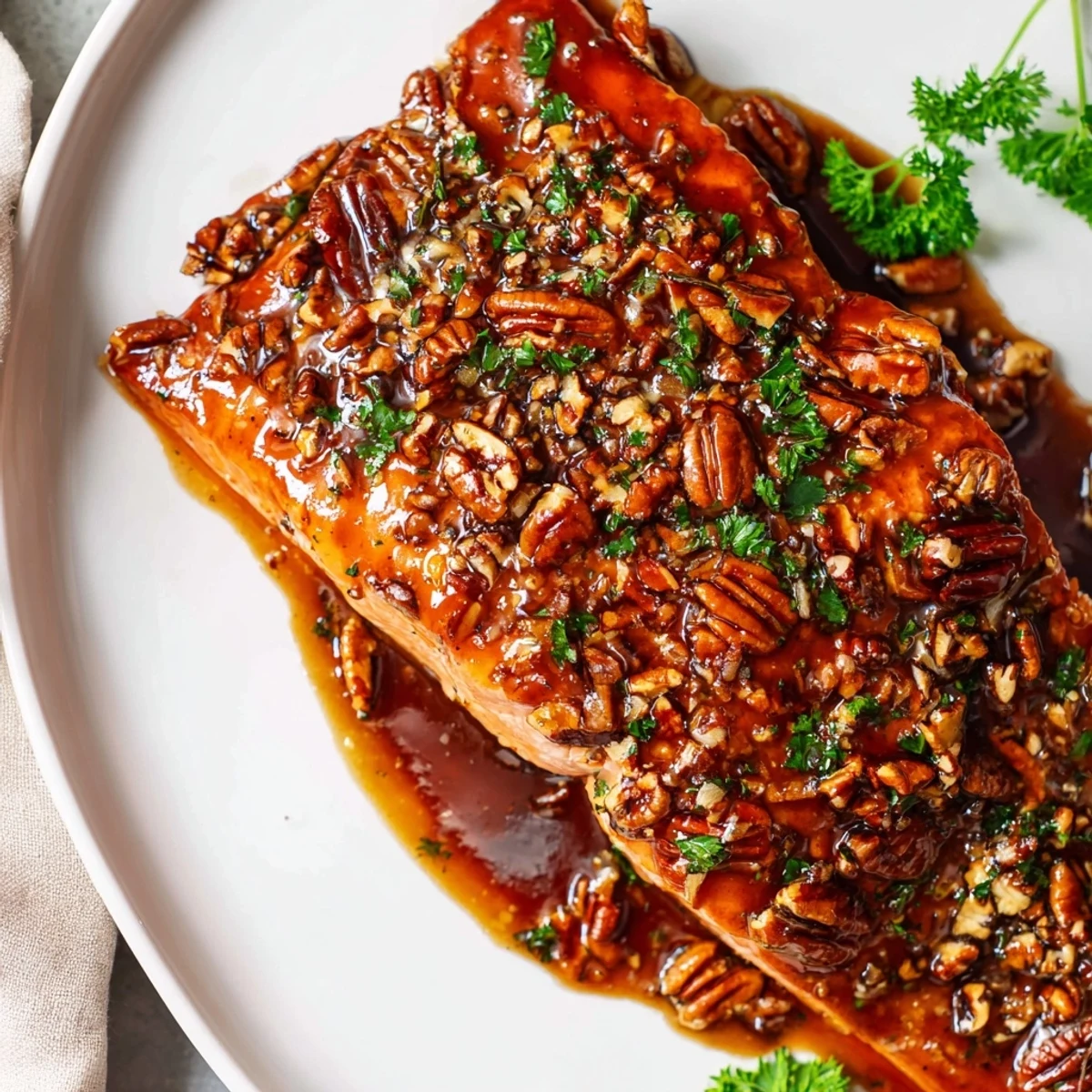Golden-brown baked salmon fillets with a sticky maple glaze and crunchy toasted pecans, served on a white plate with lemon wedges and fresh parsley.