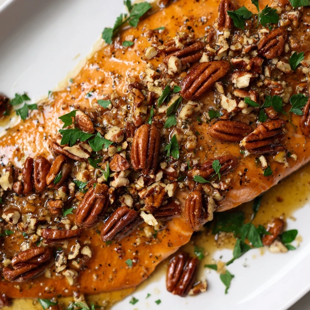 Plated Baked Salmon with Maple Glaze and Toasted Pecans garnished with parsley, ideal for a healthy weeknight meal with roasted vegetables on the side.