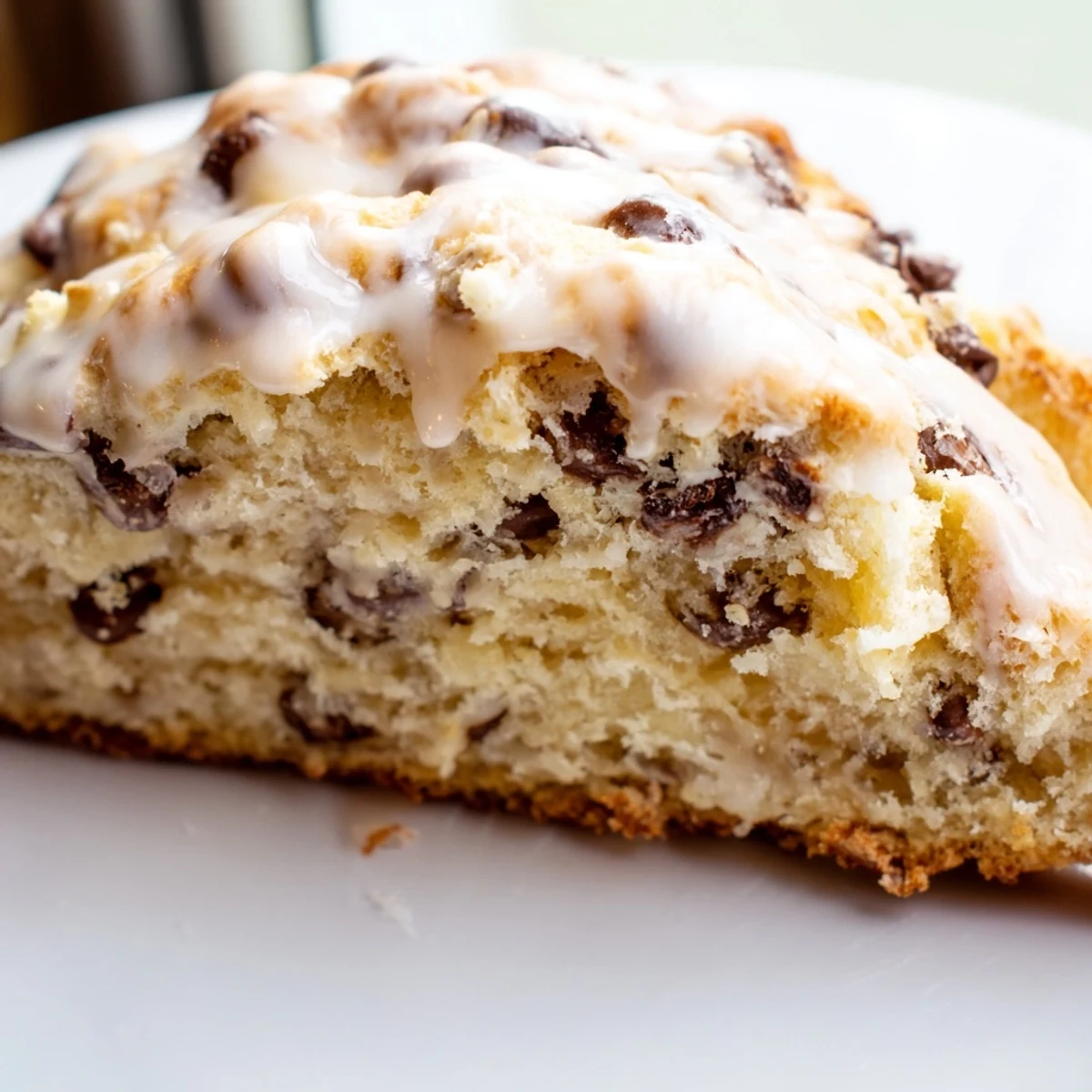 Chocolate Chip Scones with Sweet Vanilla Glaze cooling on a wire rack, showing fluffy crumb and chocolate chips.