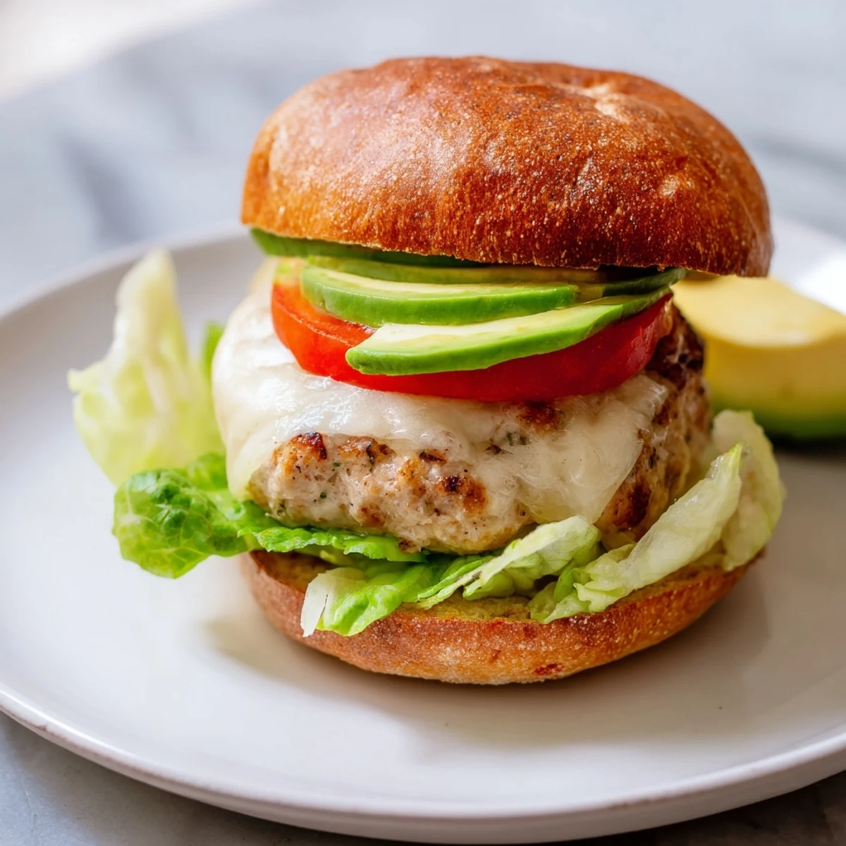 Freshly grilled turkey burger with Swiss cheese and creamy avocado slices on a toasted whole wheat bun, served with tomato and red onion for a juicy bite.