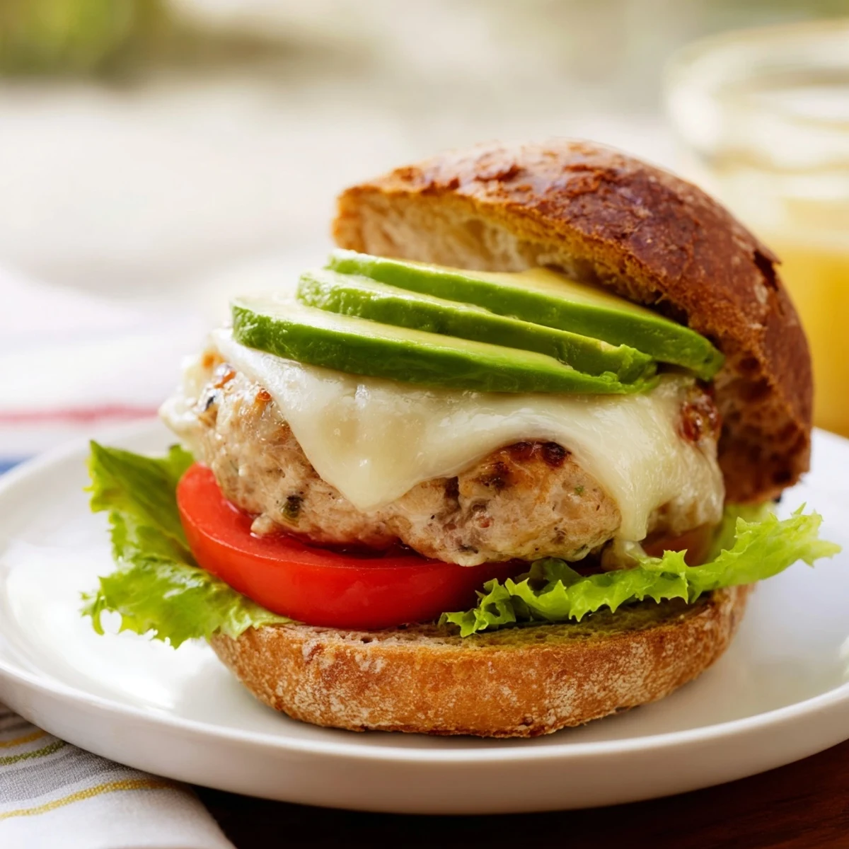 Golden brown turkey burger with melted Swiss cheese and ripe avocado layered on a toasted bun, garnished with crisp lettuce and fresh red onion slices on a plate.