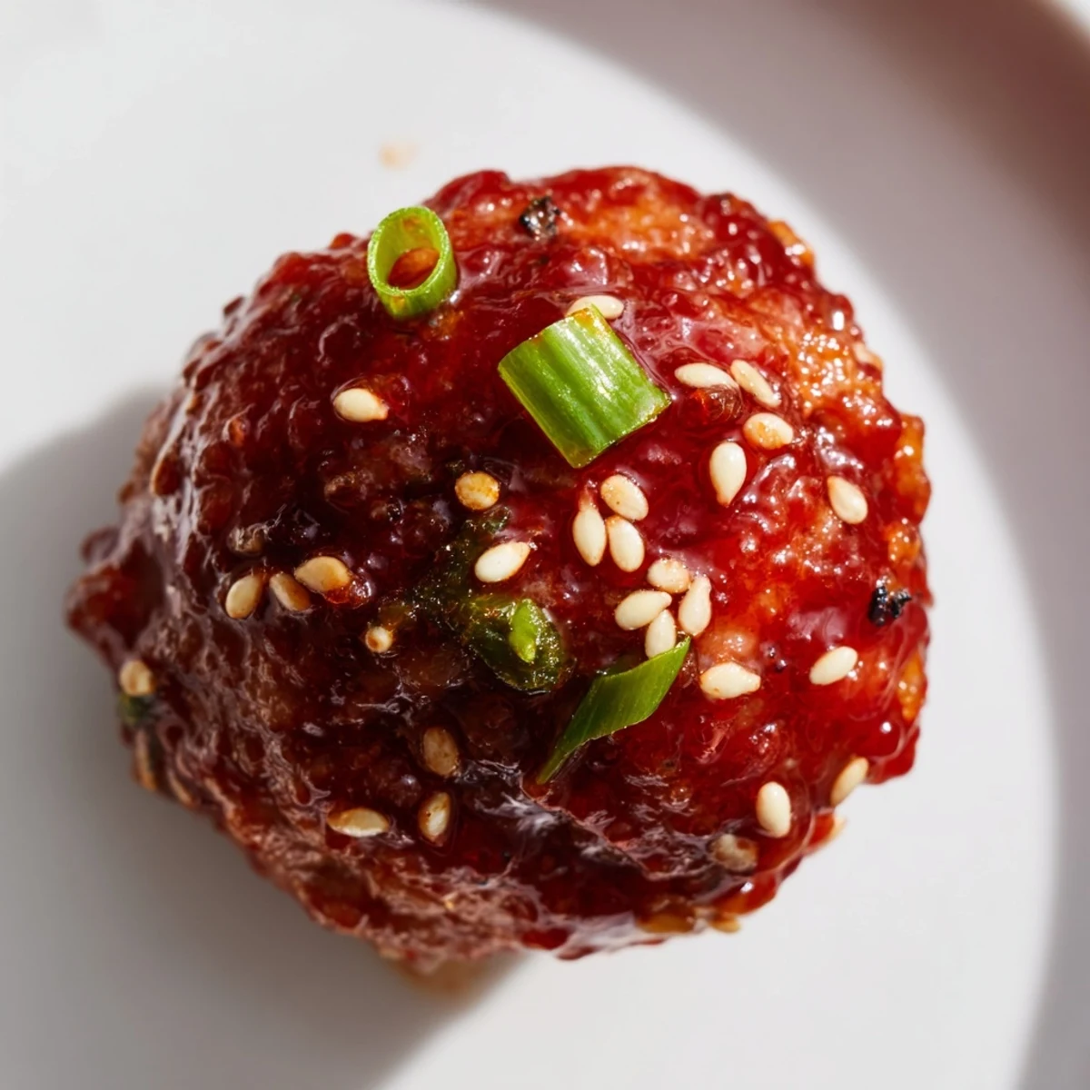 Golden-brown Spicy Sriracha Beef Meatballs are tossed in a sticky glaze, ready to be served over a bed of fluffy white rice. 