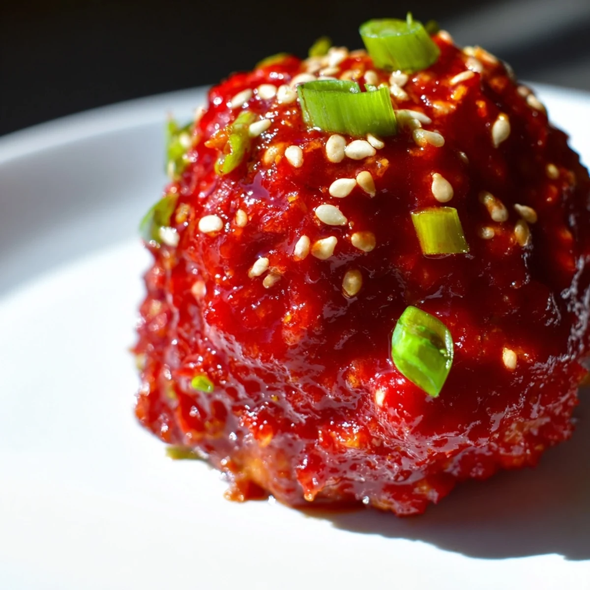 Plated appetizer serving of Spicy Sriracha Beef Meatballs, drizzled with extra sauce and perfect for dipping or a savory main dish.