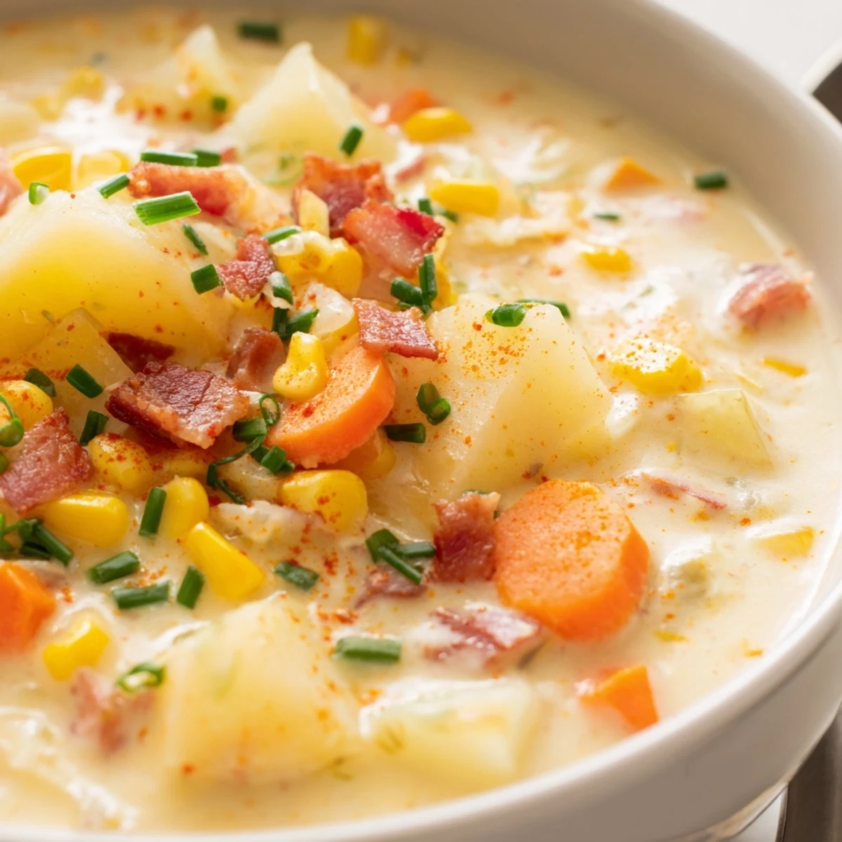 A bowl of Creamy Corn Chowder with Turkey Bacon, featuring tender potatoes, sweet corn, and fresh chives.