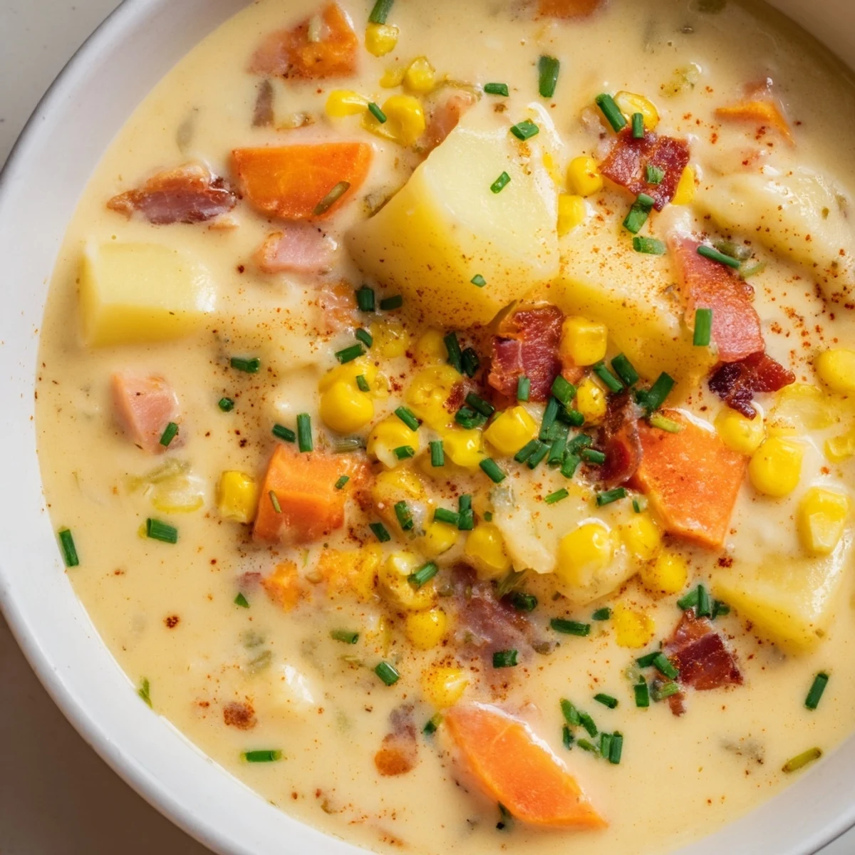Creamy Corn Chowder with Turkey Bacon is ladled from a pot, steam rising beside crispy bacon garnish.