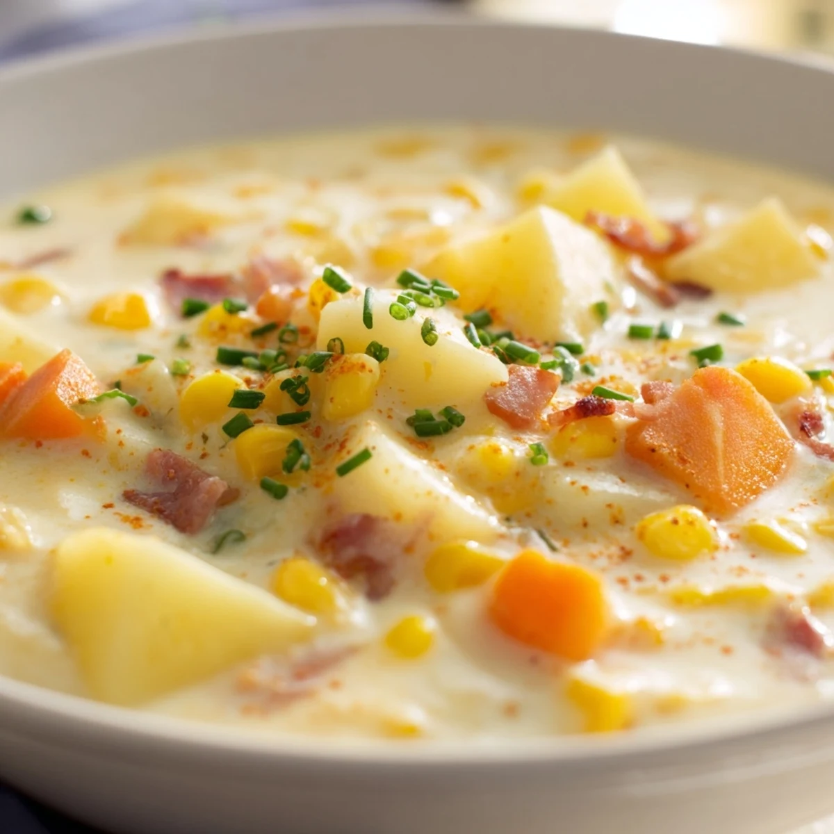 Hearty Creamy Corn Chowder with Turkey Bacon served in a rustic bowl, ready for a cozy dinner.