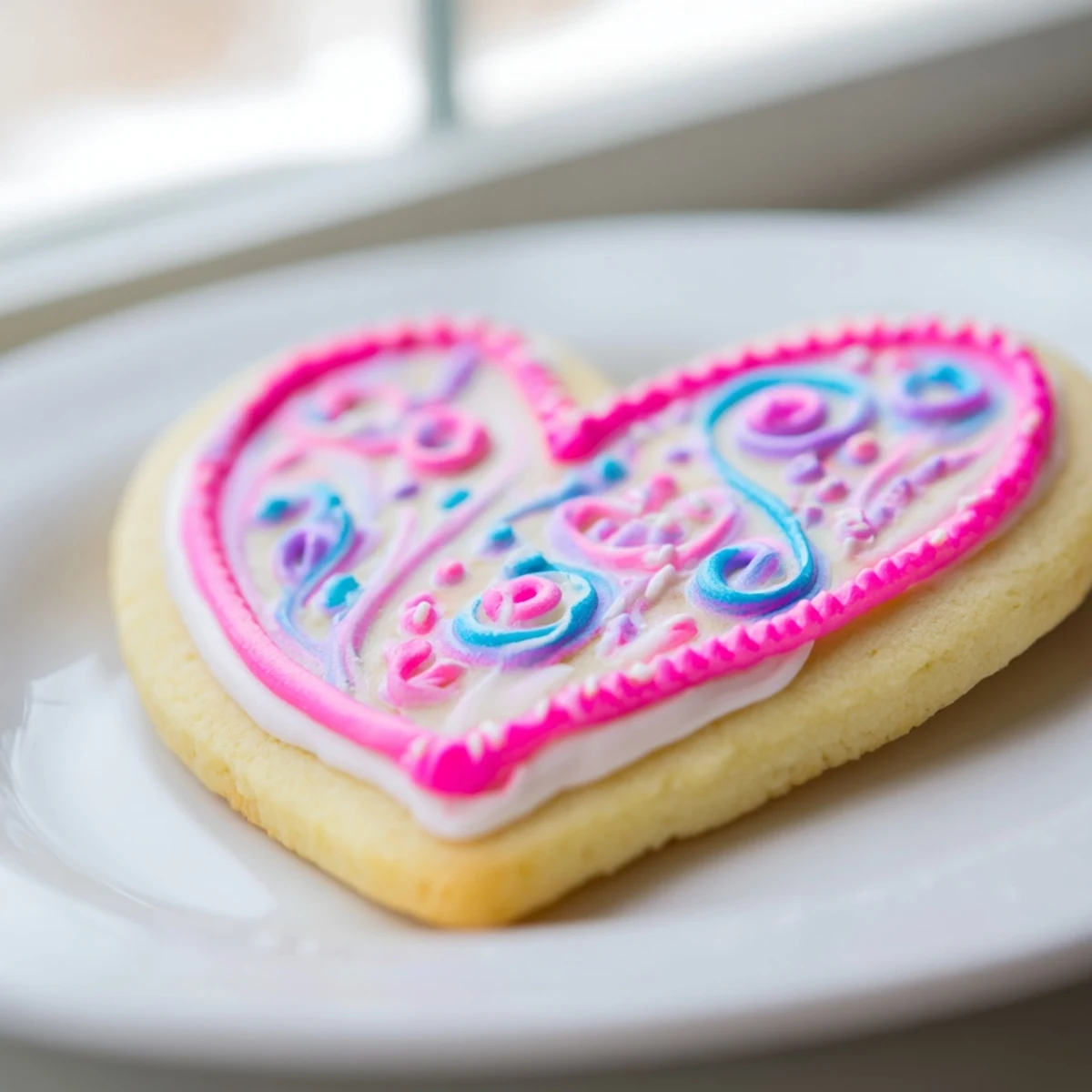 Golden-brown Heart Shaped Sugar Cookies with Icing, showing smooth pink and white icing designs, arranged on a white plate for a Valentine's Day treat.  